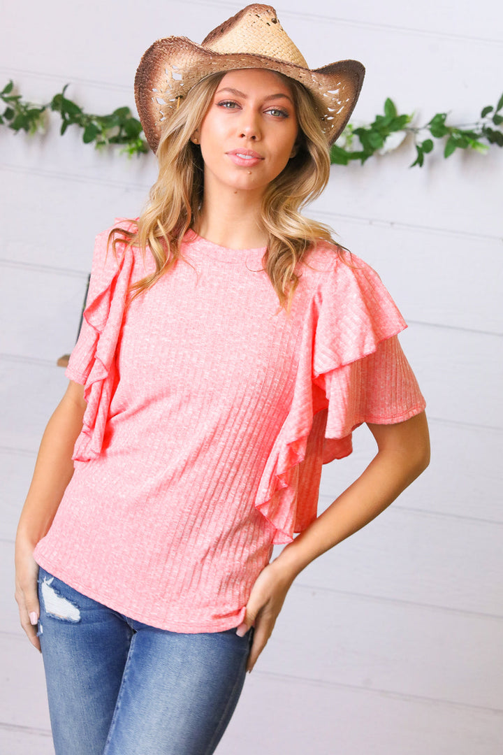 Coral Double Ruffle Sleeve Two Tone Top