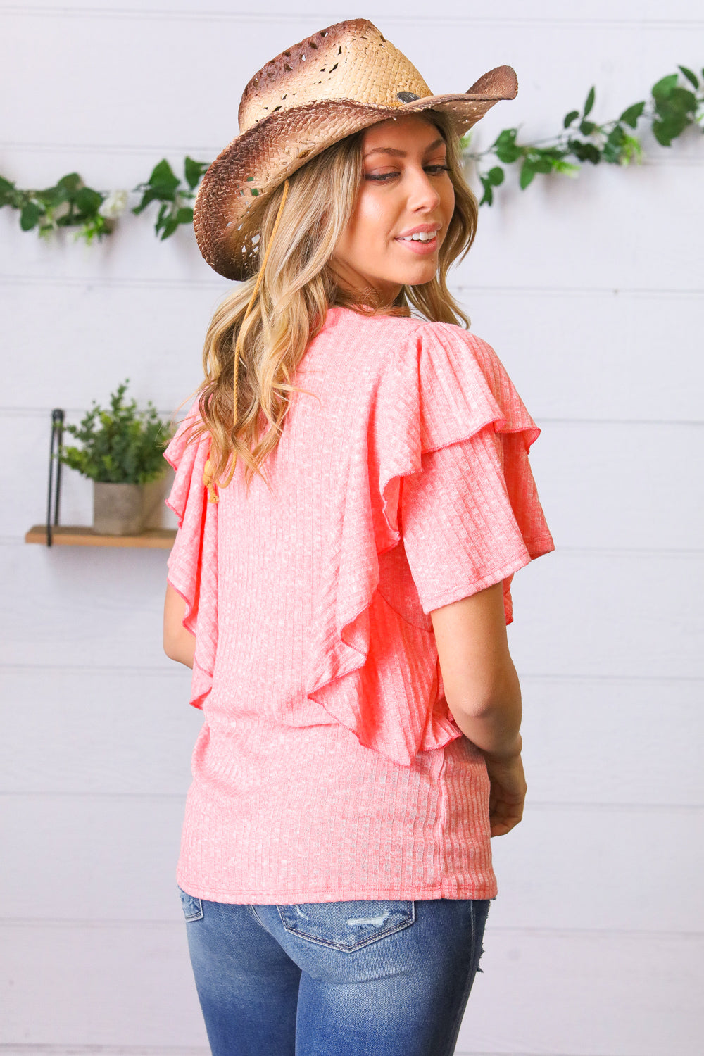 Coral Double Ruffle Sleeve Two Tone Top