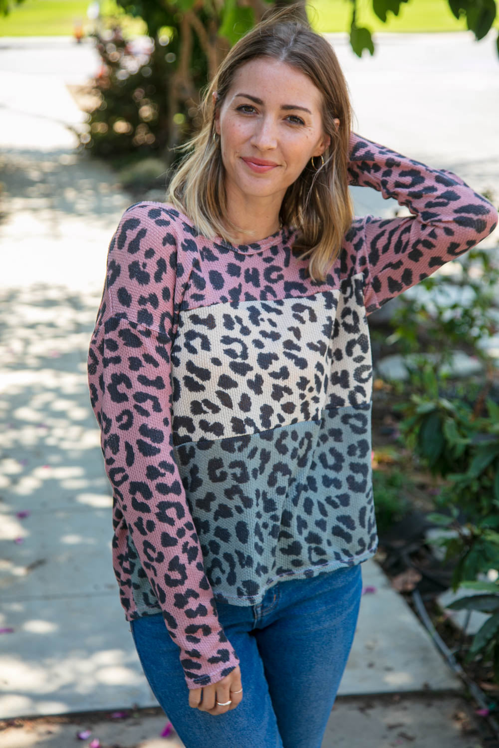 Leopard Color Block V Neck Knit Top