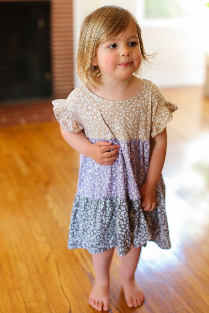 Kids Twirl Me Taupe & Lilac Tiered Babydoll Dress