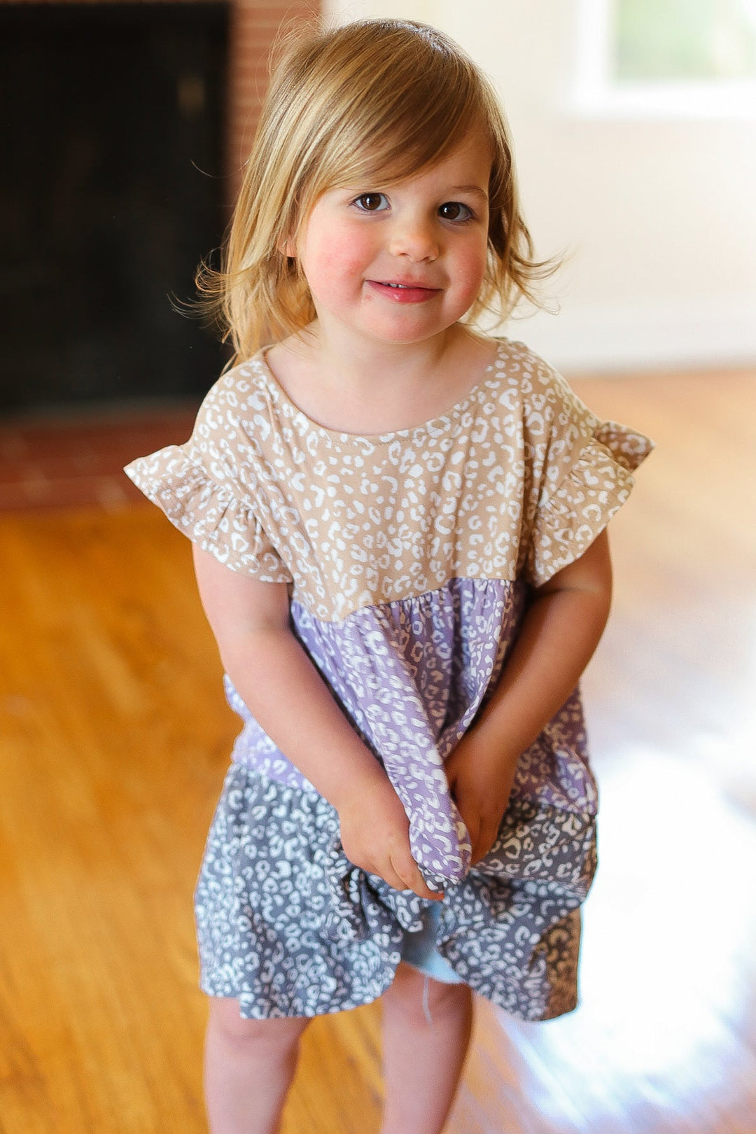 Kids Twirl Me Taupe & Lilac Tiered Babydoll Dress