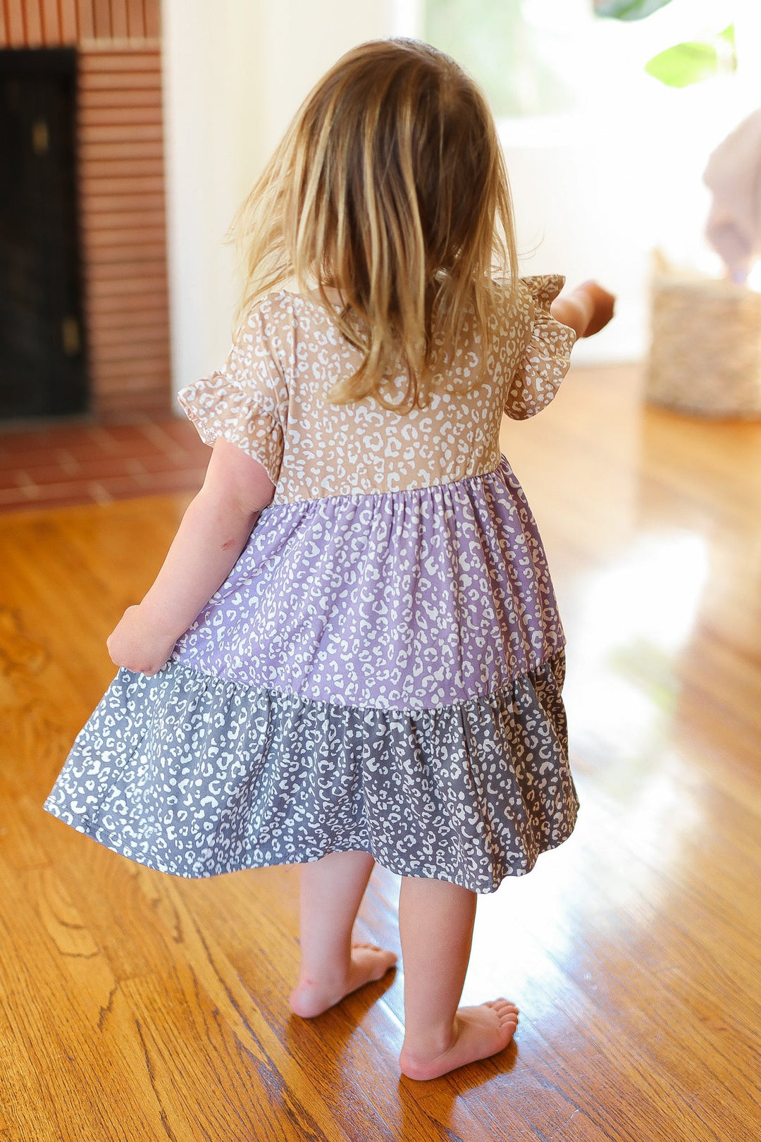 Kids Twirl Me Taupe & Lilac Tiered Babydoll Dress