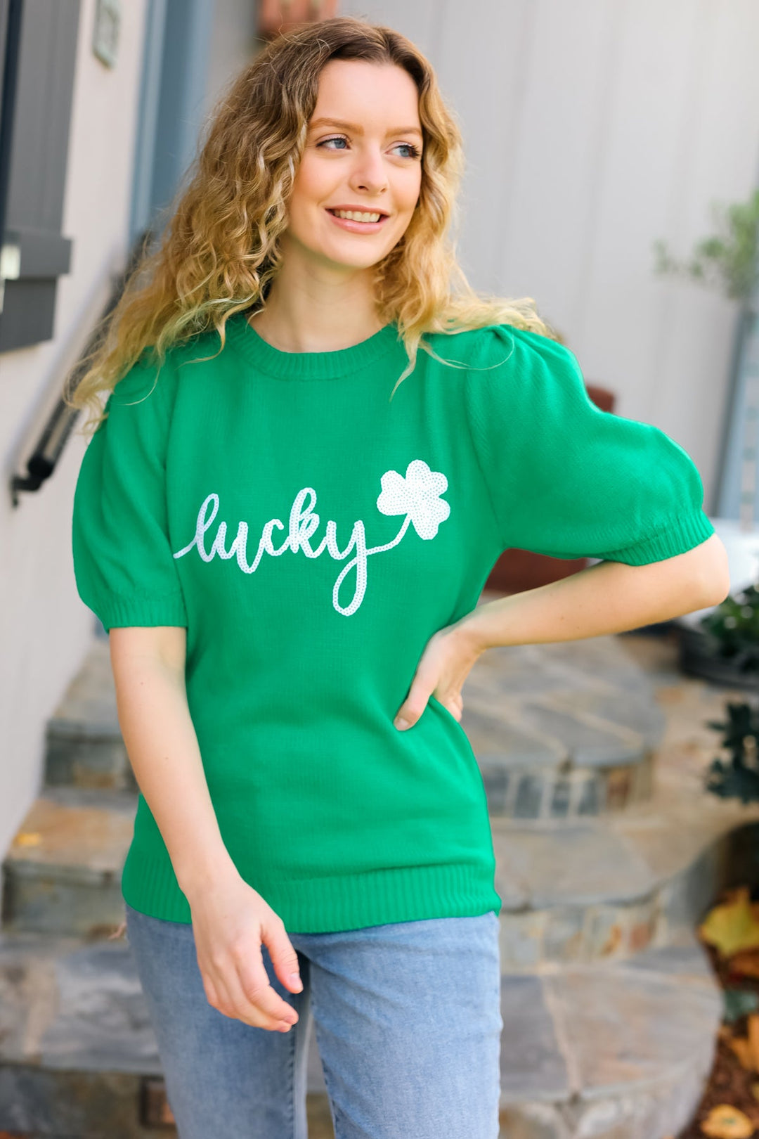 Lucky Lady Shamrock Green Sequin Puff Sleeve Knit Top