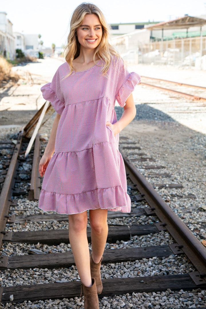 Red Ruffle Tiered Gingham Cotton Pocketed Dress