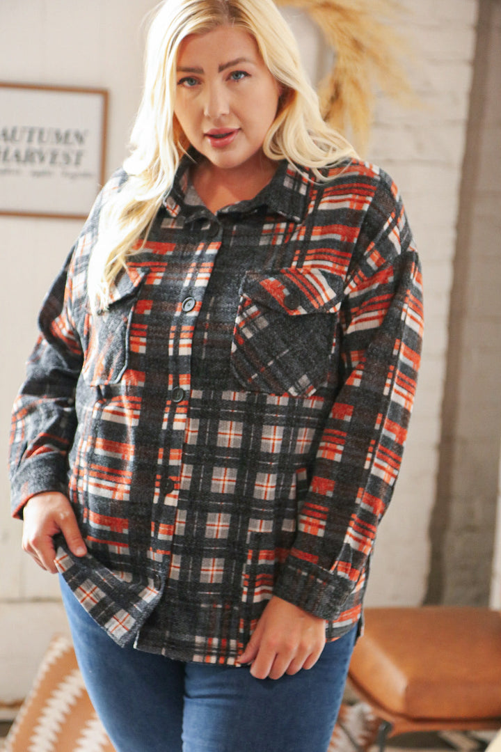 Black & Rust Brushed Plaid Oversize Pocketed Shacket