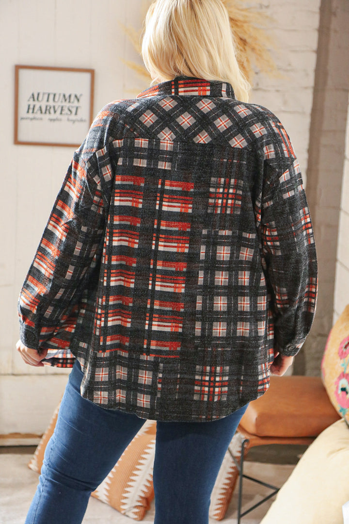 Black & Rust Brushed Plaid Oversize Pocketed Shacket