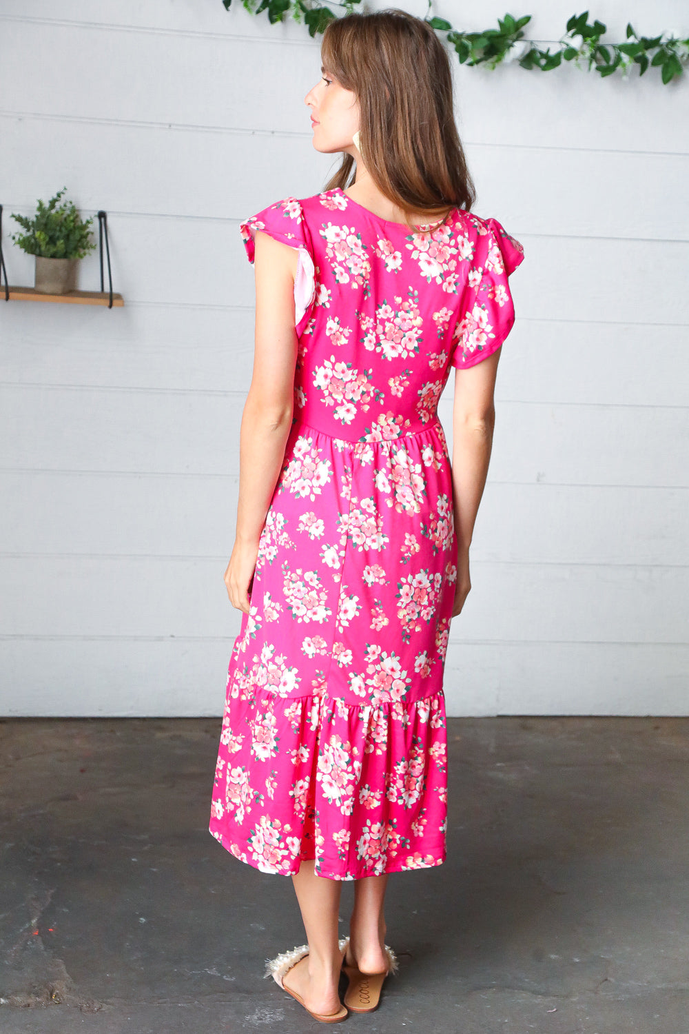 Fuchsia Floral Elastic Waist Fit and Flare Ruffle Midi Dress