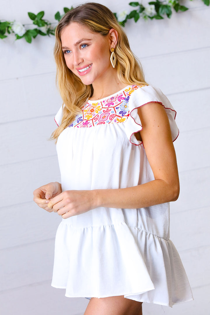 Ivory Floral Embroidery Print Ruffle Sleeve Yoke Top