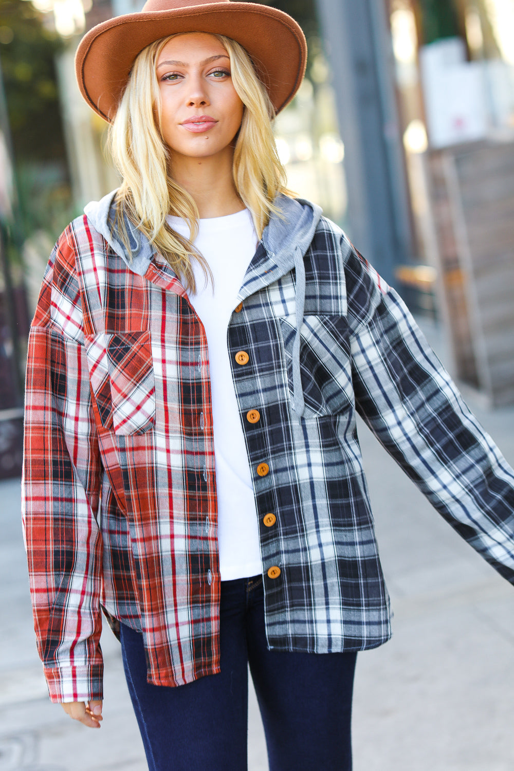 All Put Together Rust/Charcoal Plaid Colorblock Hoodie Shacket