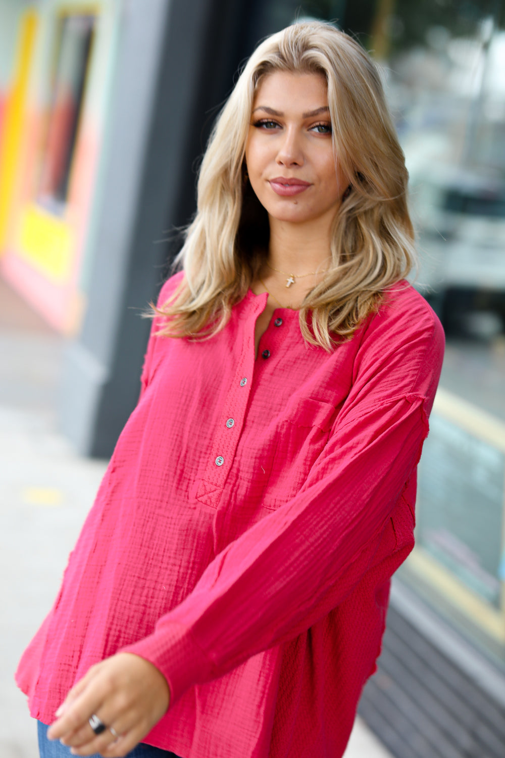 Magenta Gauze & Waffle Henley Oversized Top