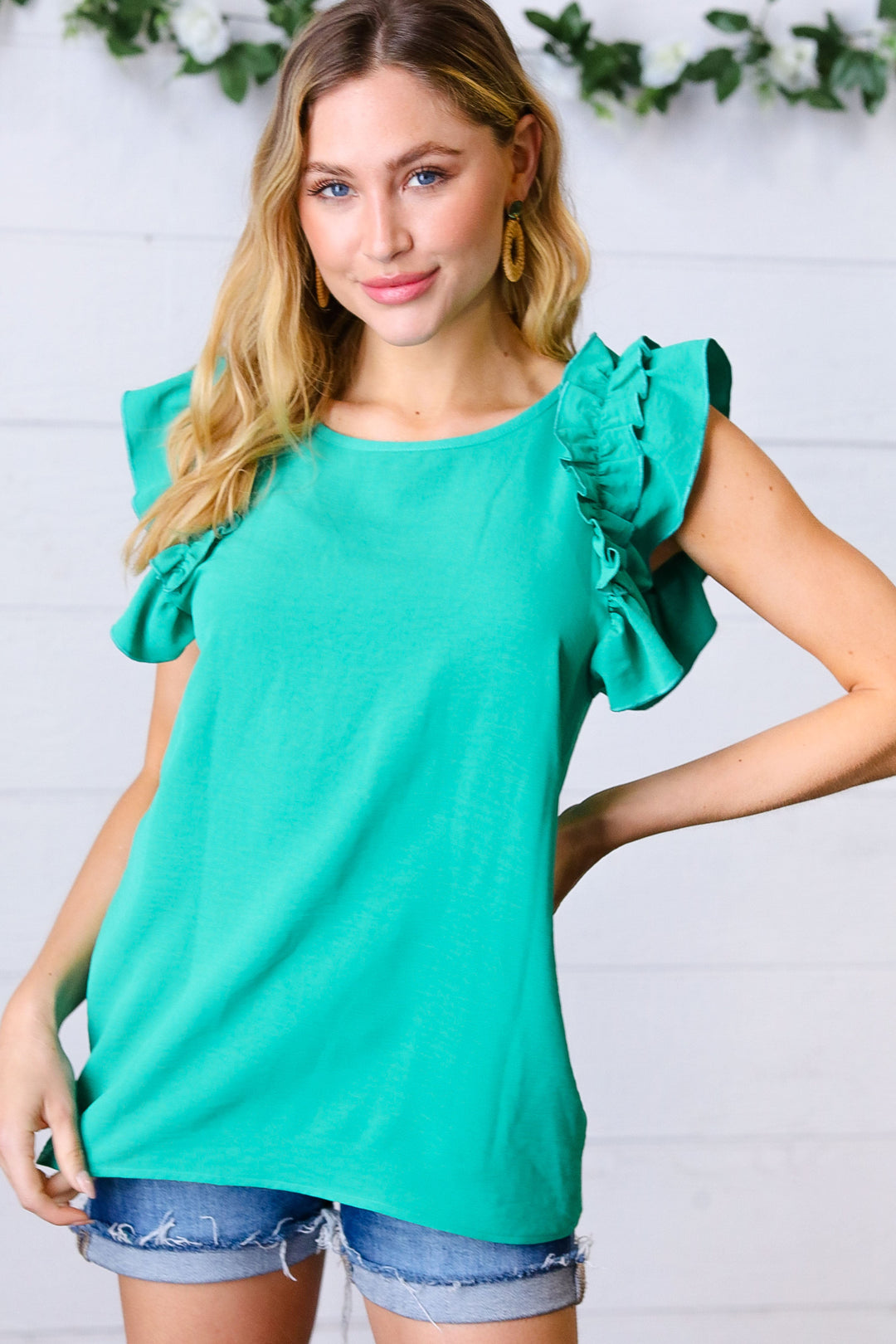 Kelly Green Double Ruffle Sleeve Crinkle Top