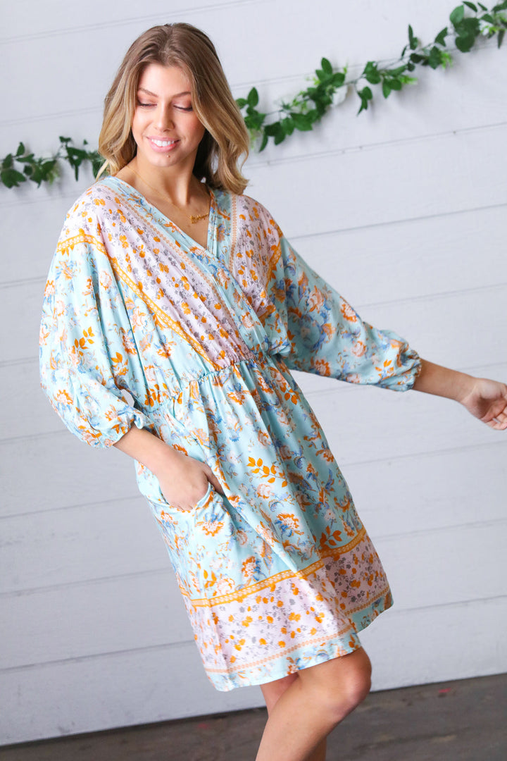 Light Blue Boho Challis Surplice Pocketed Dress