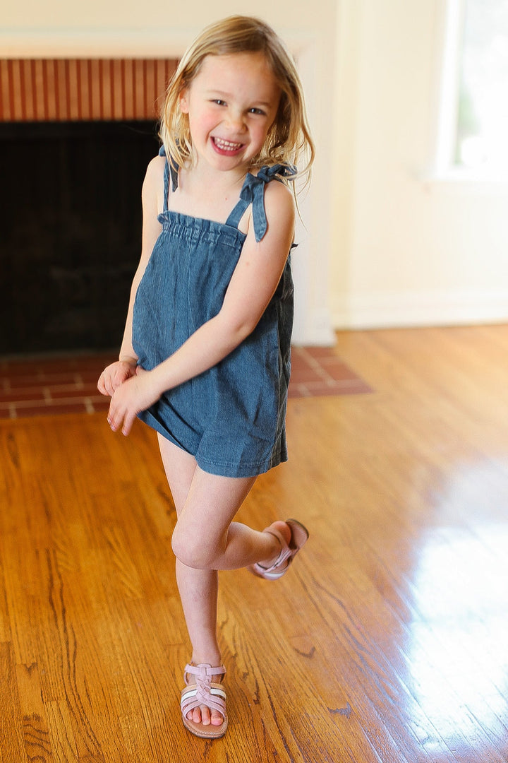 Kids Endearing Cotton Denim Elastic Ruffle Neck Shoulder Tie Romper