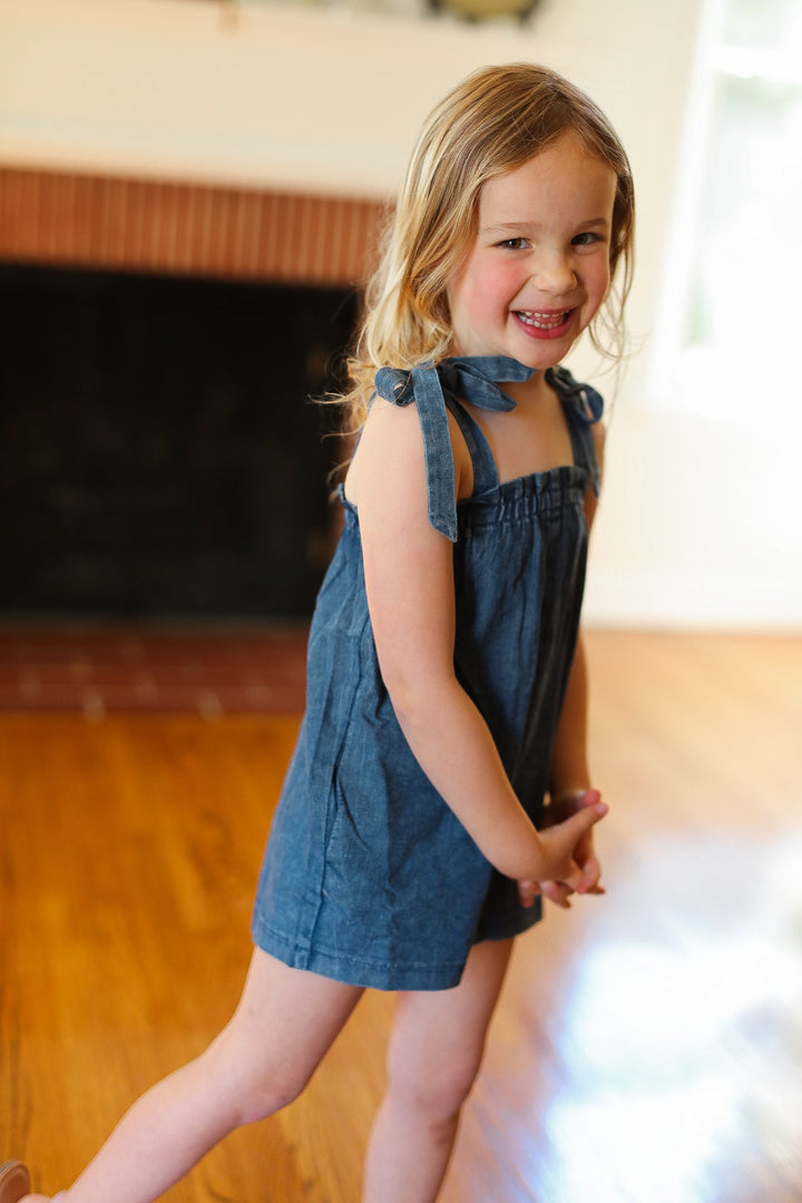 Kids Endearing Cotton Denim Elastic Ruffle Neck Shoulder Tie Romper