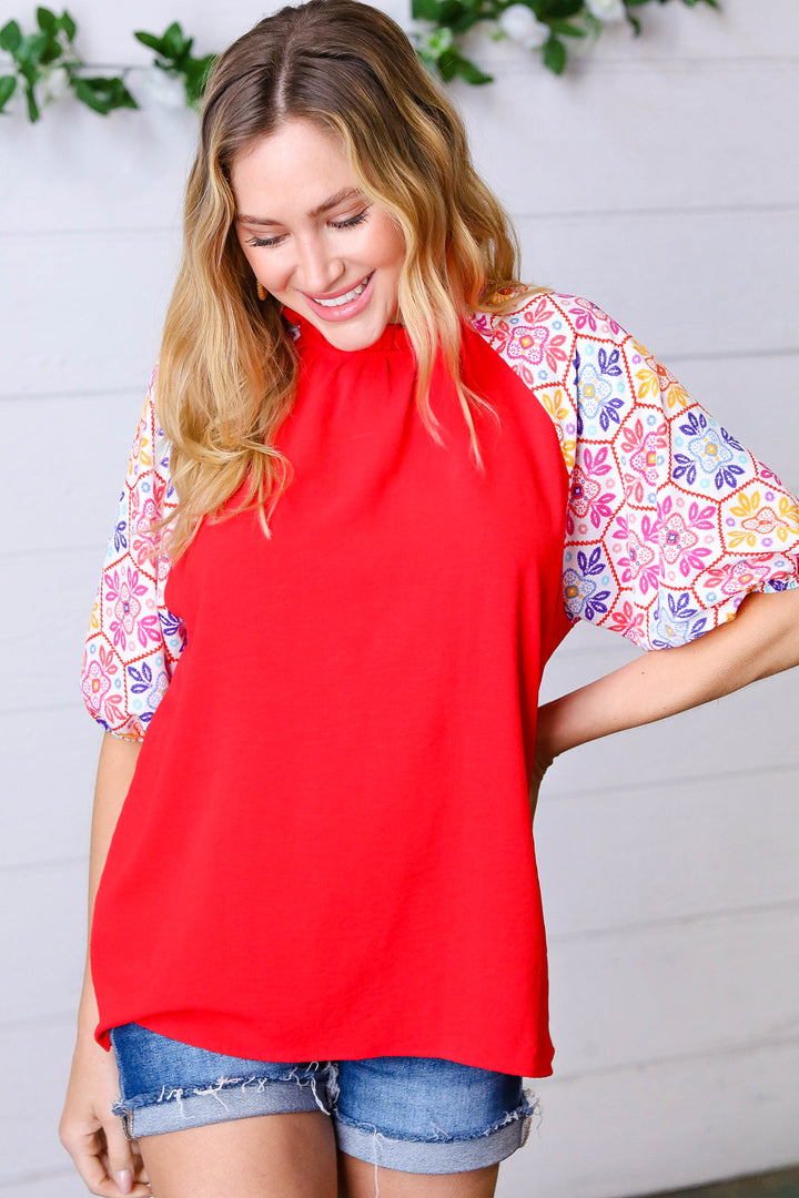 Cardinal Red Frilled Mock Neck Floral Puff Sleeve Top