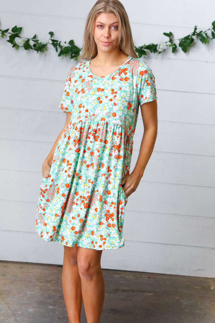 Mint & Coral Floral Babydoll Fit and Flare Dress