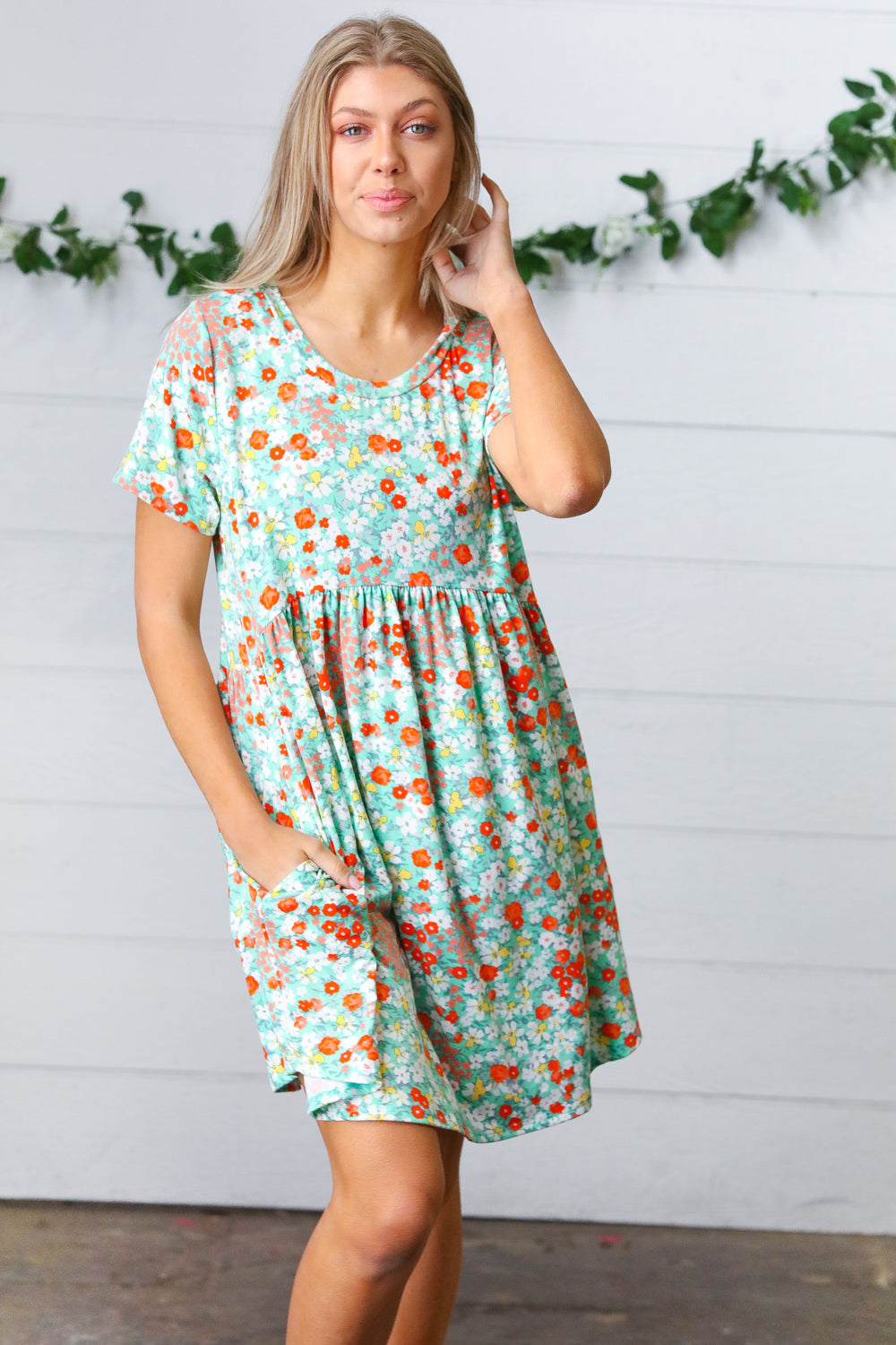 Mint & Coral Floral Babydoll Fit and Flare Dress