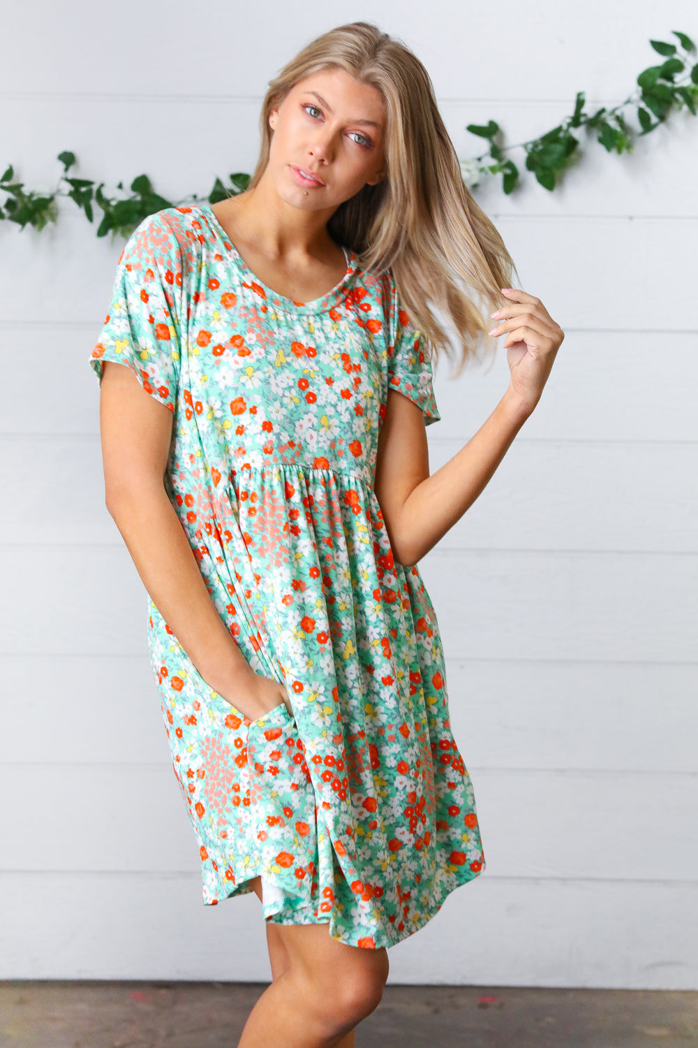 Mint & Coral Floral Babydoll Fit and Flare Dress