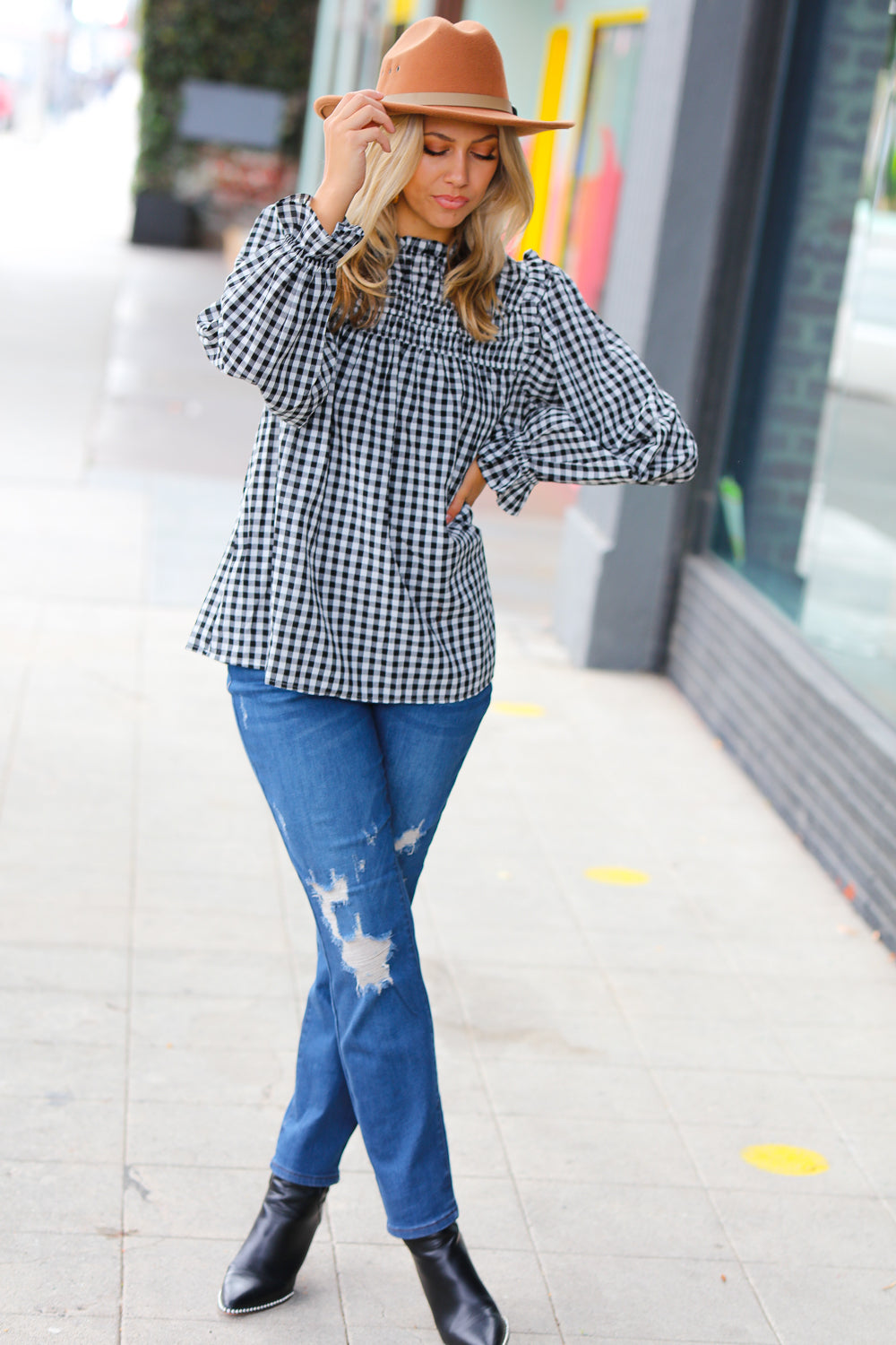 Black Gingham Shirred Yoke Mock Neck Frilled Top