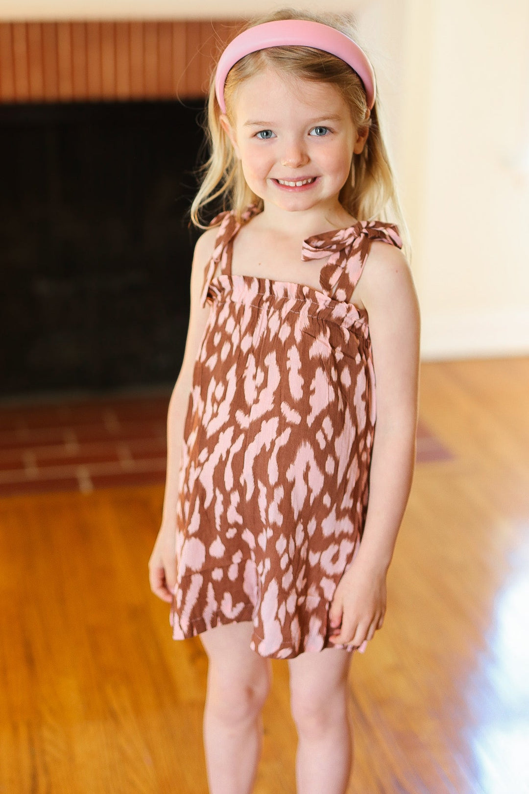 Kids Dreamy Animal Print Elastic Ruffle Neck Shoulder Tie Romper