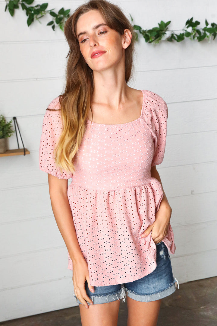 Mauve Eyelet Puff Sleeve Babydoll Top