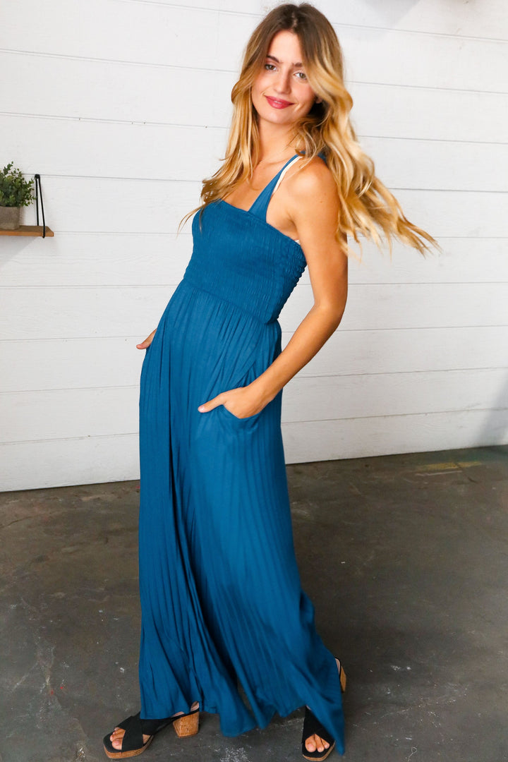 Ocean Blue Smocked Rib Wide Leg Romper Jumpsuit