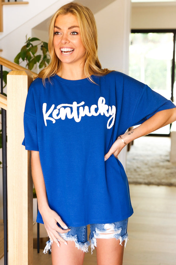 Be Proud Blue "Kentucky" Embroidery Pop Up Rib Knit Top