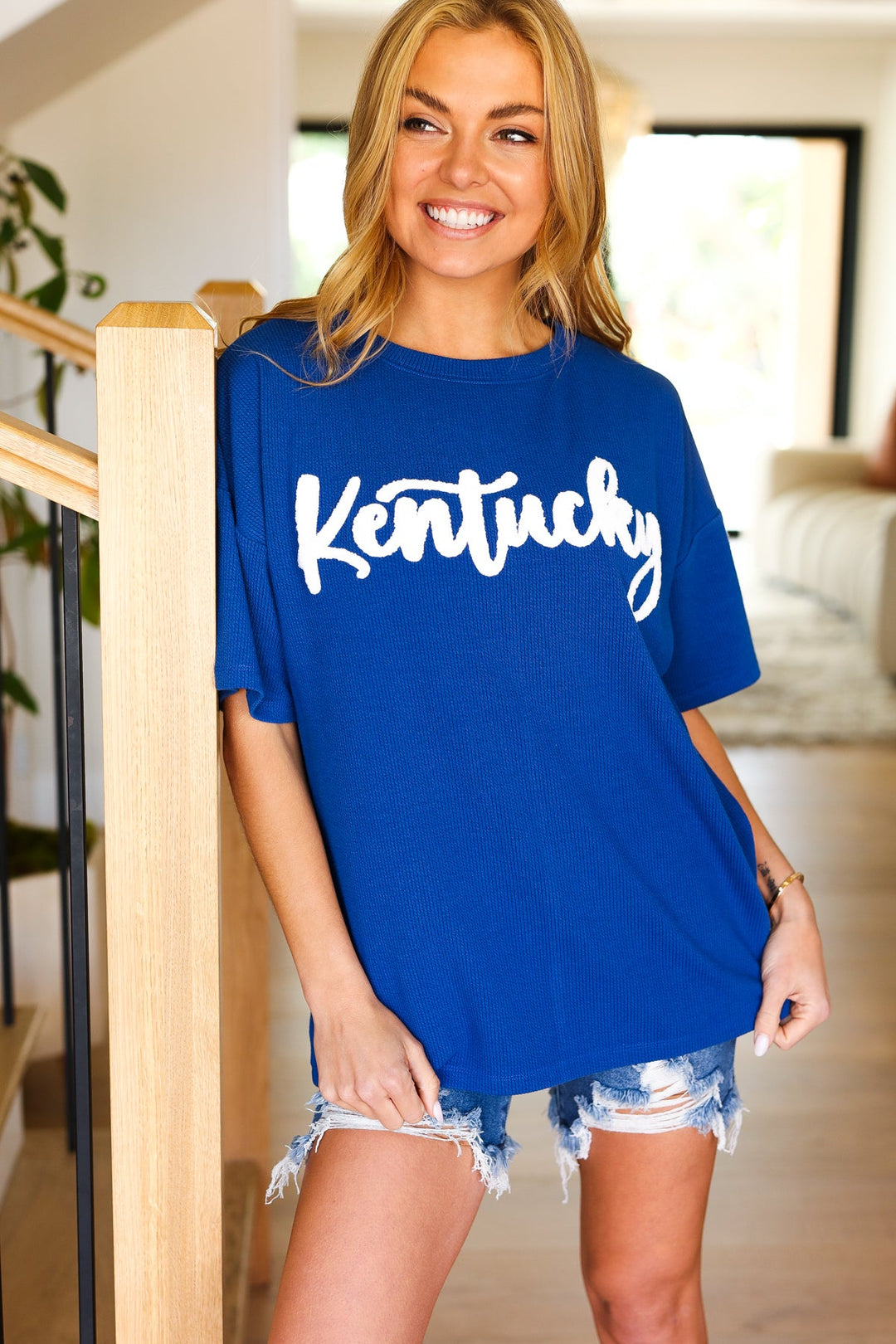 Be Proud Blue "Kentucky" Embroidery Pop Up Rib Knit Top