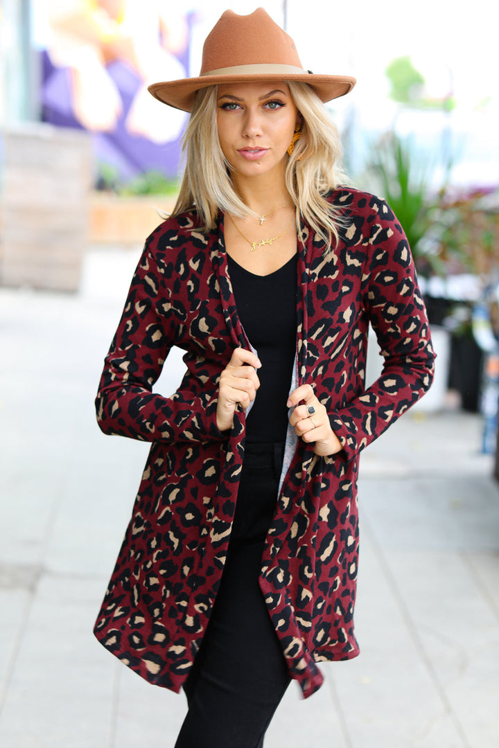 Weekend Envy Burgundy Animal Print Open Cardigan