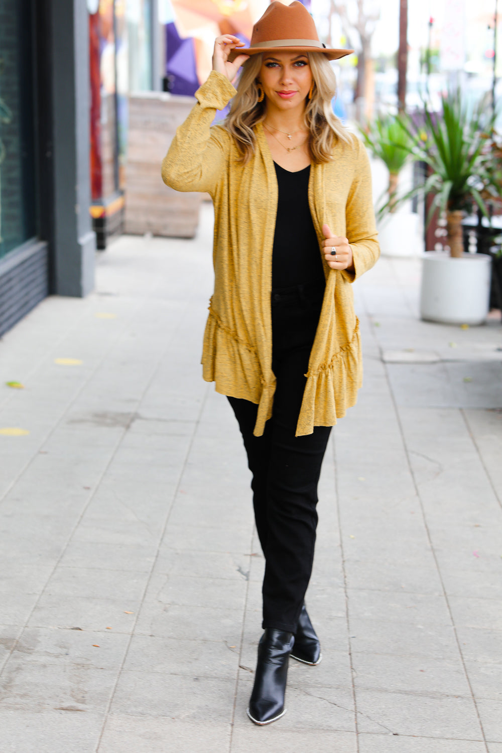 Face the Day Mustard Two-Tone Ruffle Cardigan