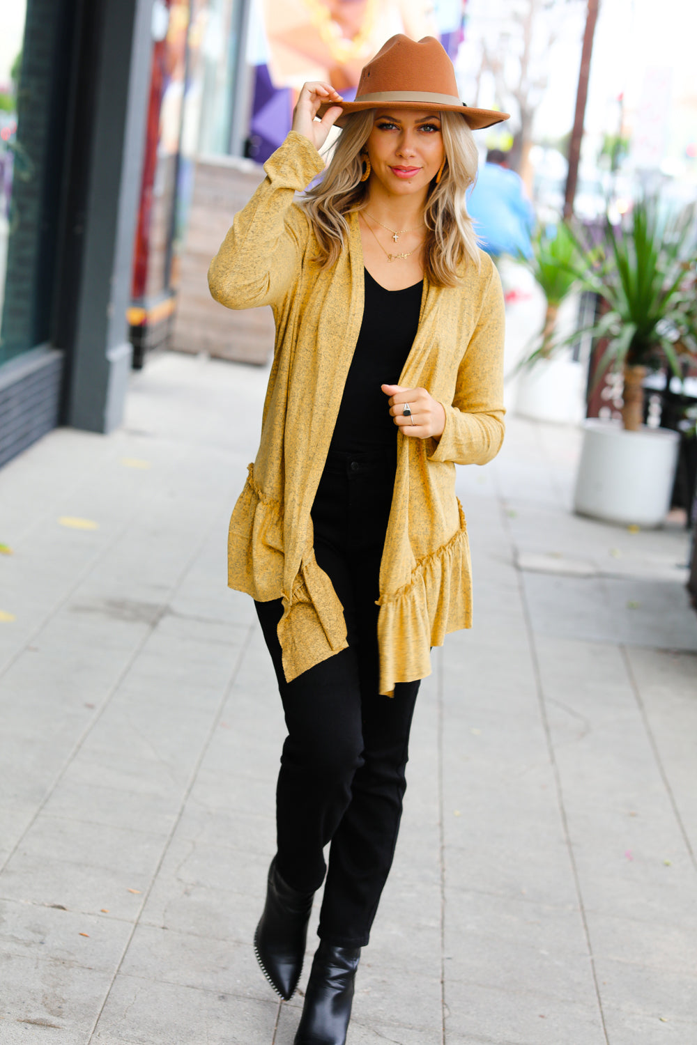 Face the Day Mustard Two-Tone Ruffle Cardigan