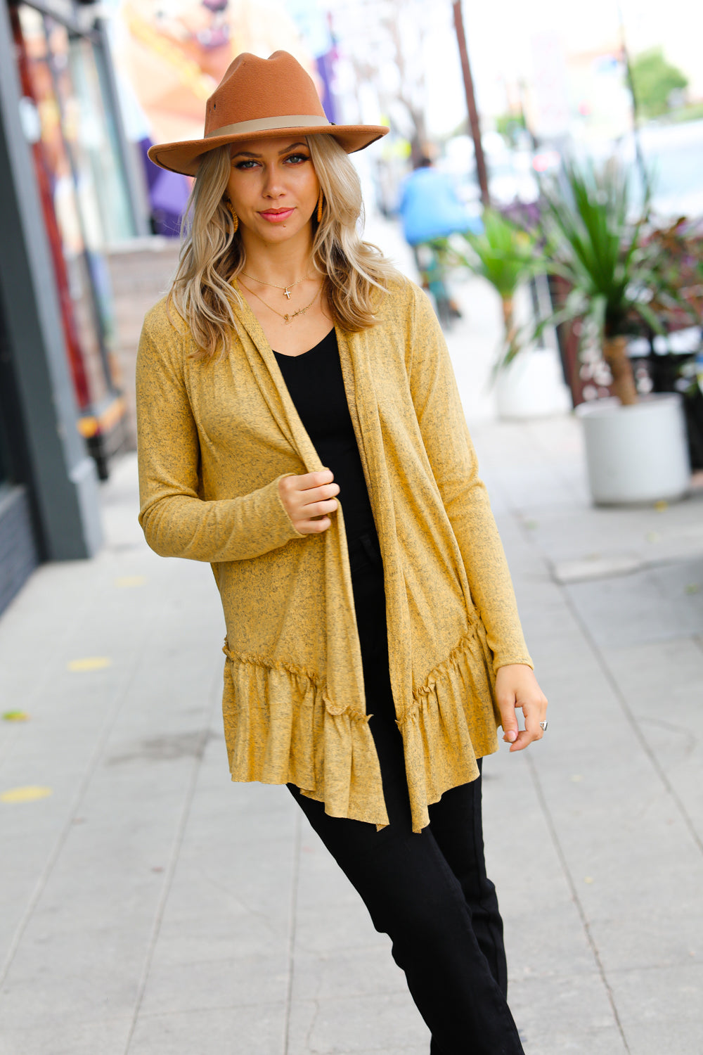 Face the Day Mustard Two-Tone Ruffle Cardigan