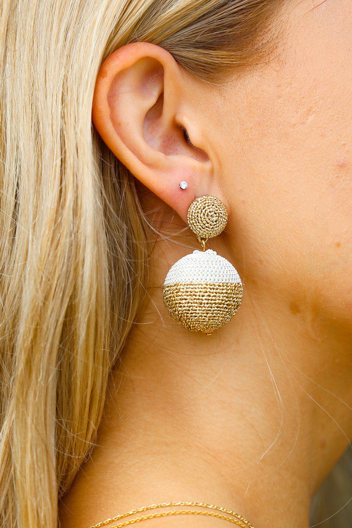 Gold & Ivory Lantern Raffia Dangle Ball Earrings