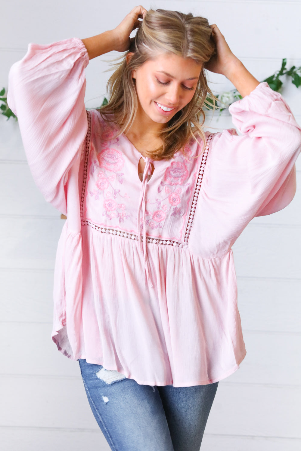 Blush Embroidered Tie String Peasant Top