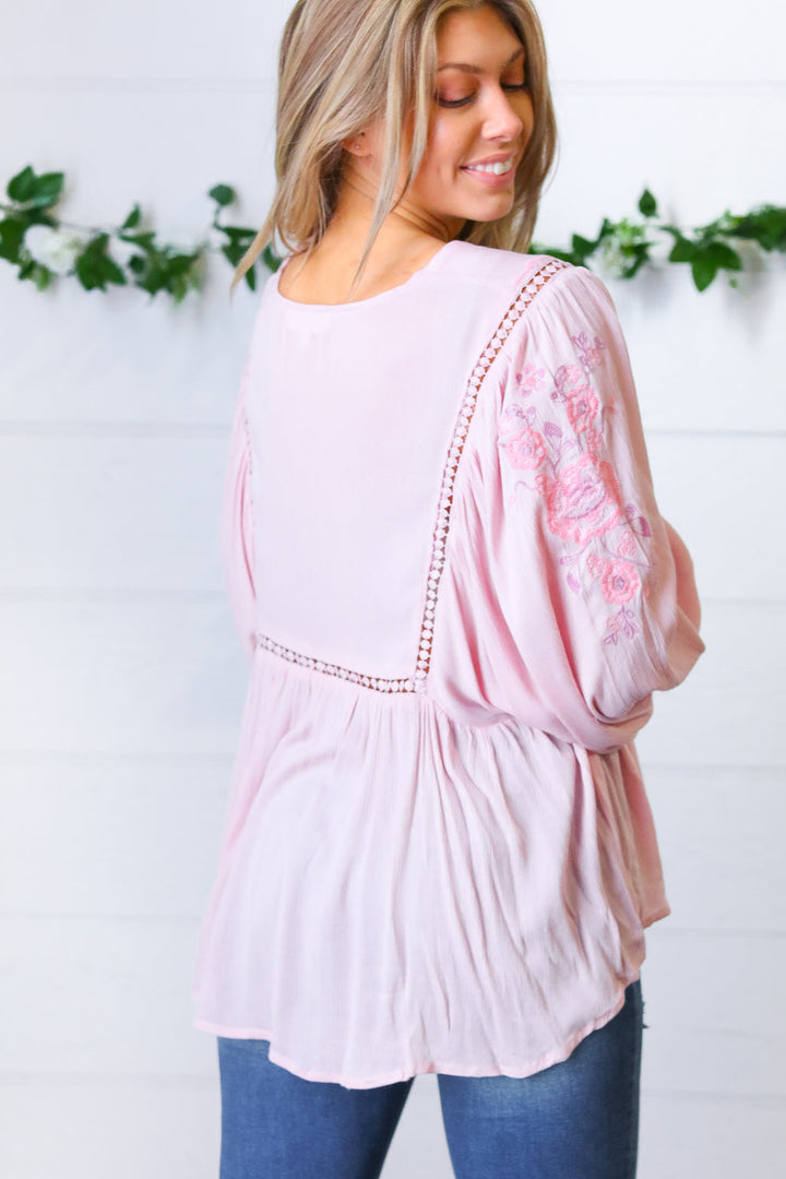 Blush Embroidered Tie String Peasant Top