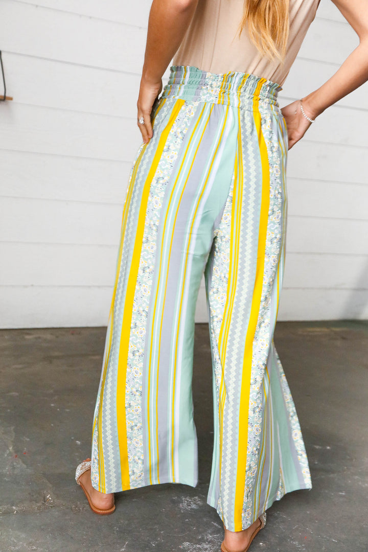 Mint Floral Print & Vertical Line Slit Palazzo Pants