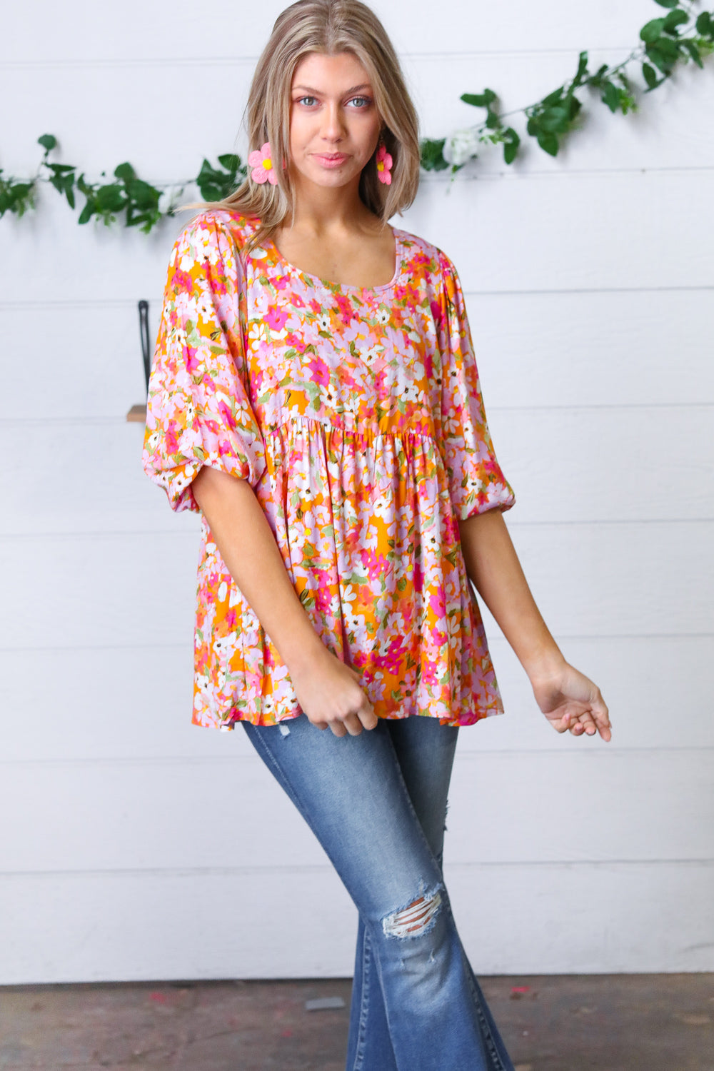 Orange Square Neck Peplum Floral Challis Top