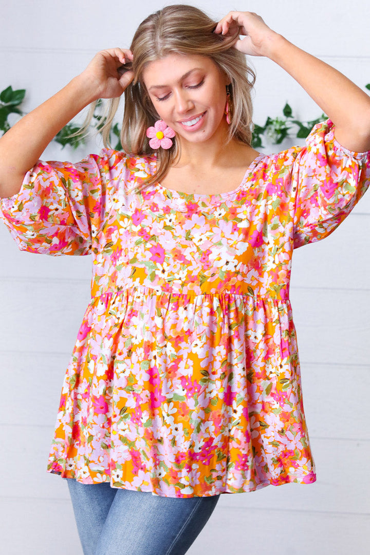 Orange Square Neck Peplum Floral Challis Top