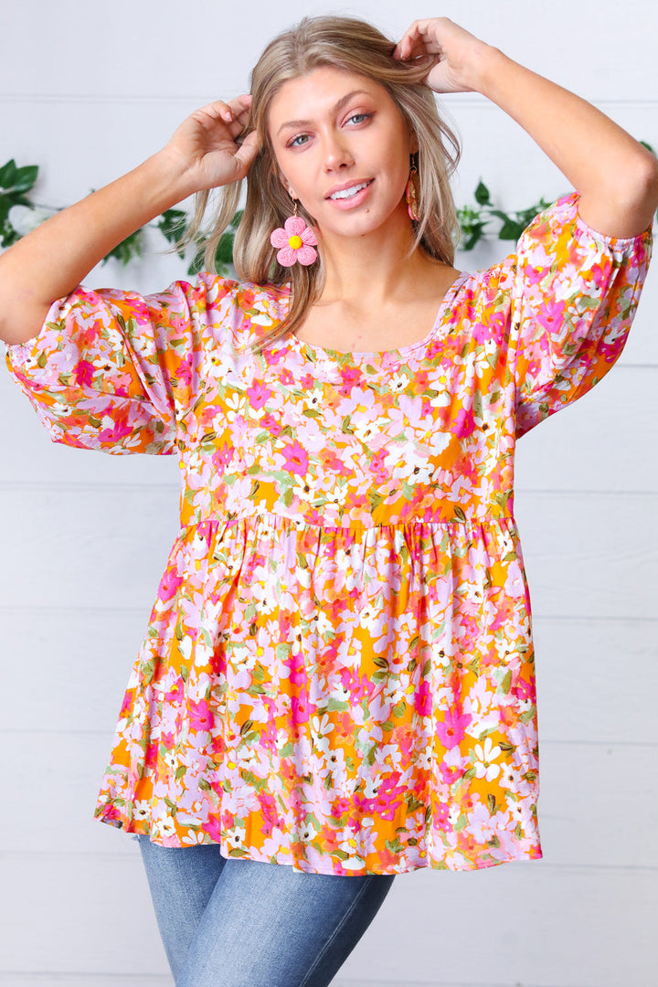 Orange Square Neck Peplum Floral Challis Top