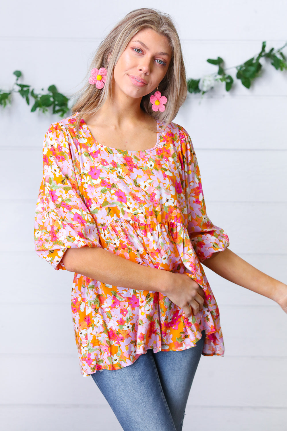 Orange Square Neck Peplum Floral Challis Top