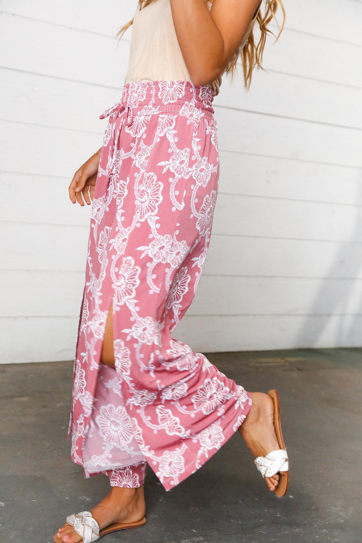 Mauve Floral Boho Smocked Waist Side Slit Palazzo Pants