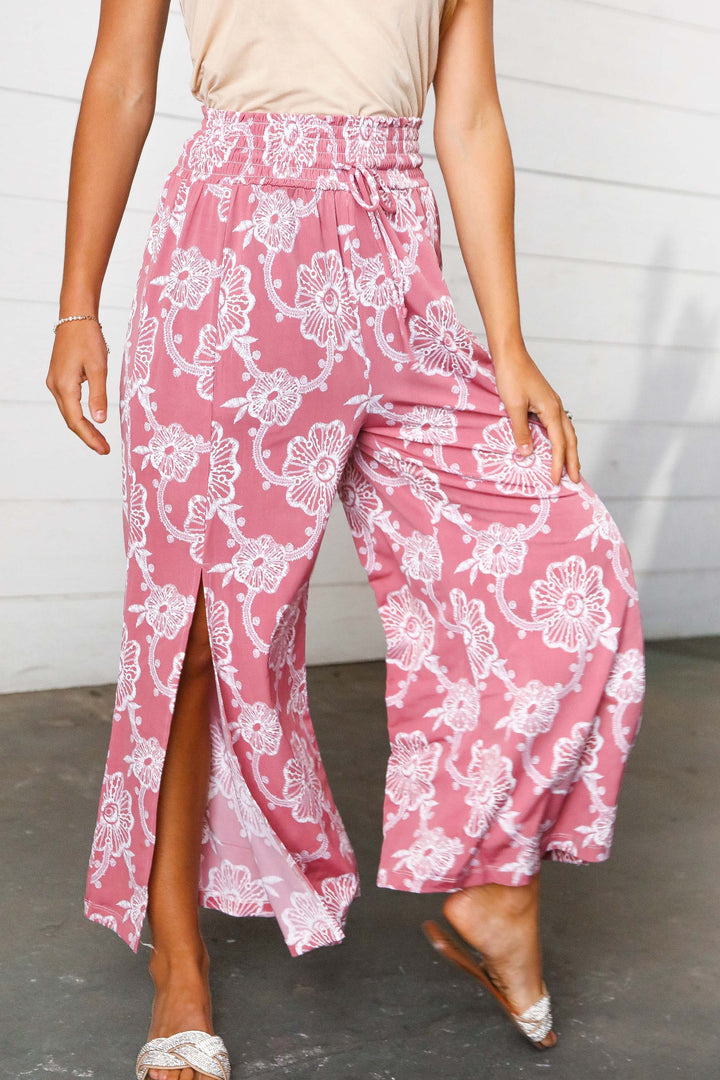 Mauve Floral Boho Smocked Waist Side Slit Palazzo Pants