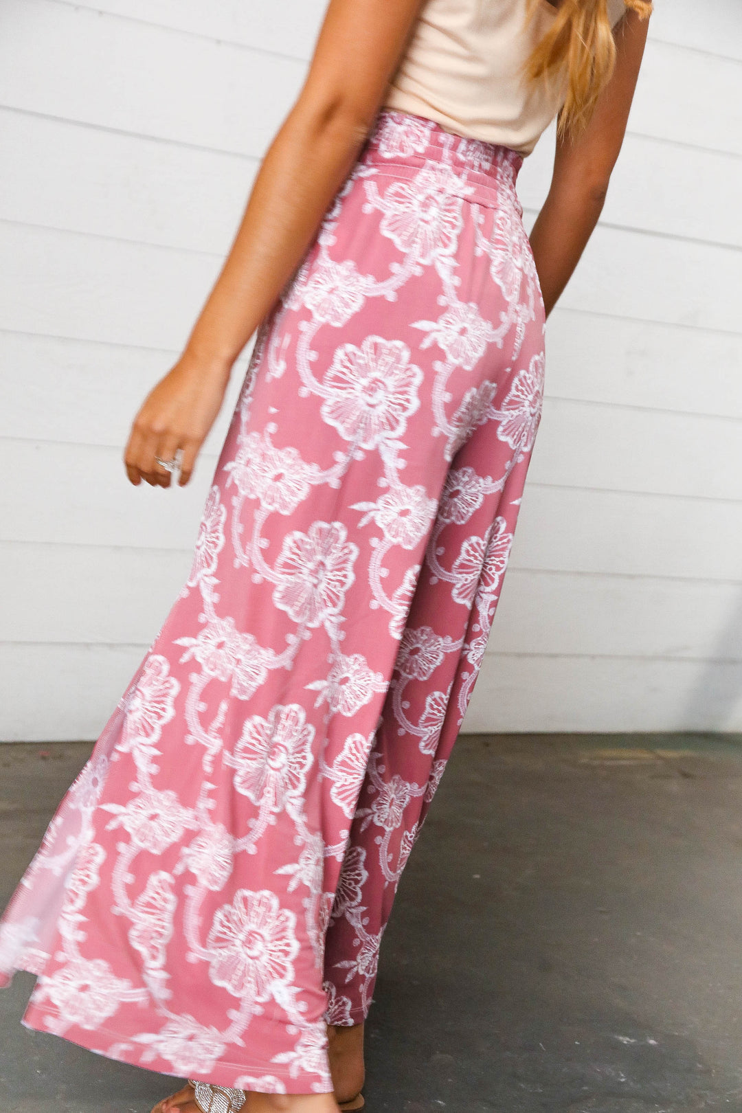 Mauve Floral Boho Smocked Waist Side Slit Palazzo Pants