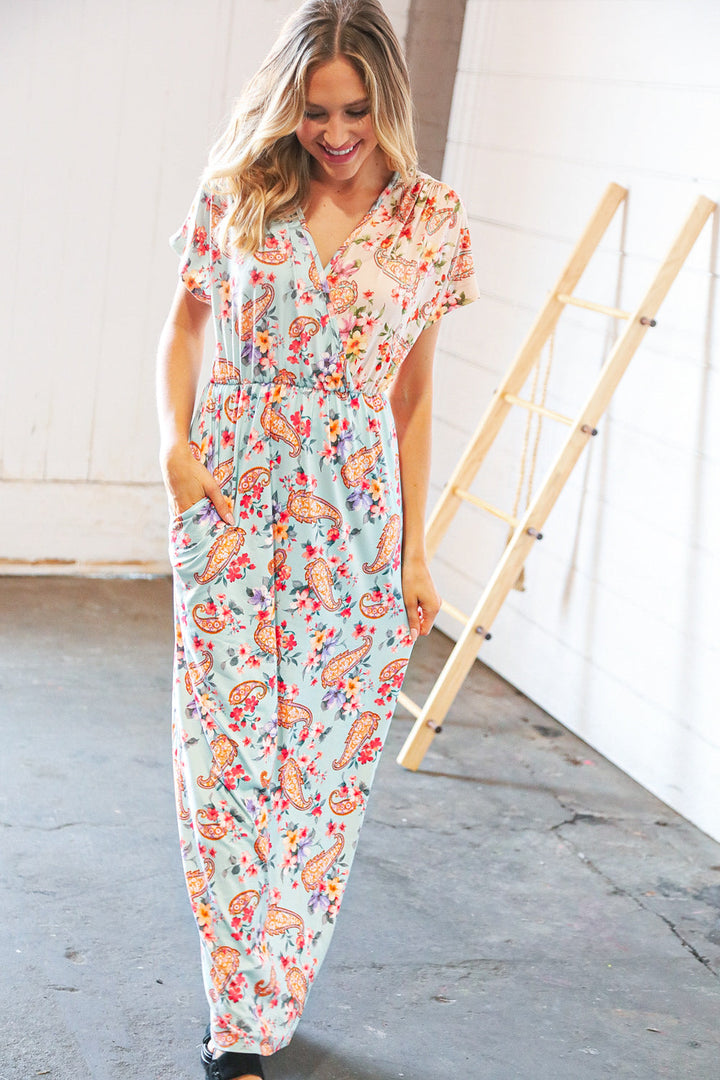 Lt Blue Floral Paisley Surplice Elastic Waist Maxi Dress