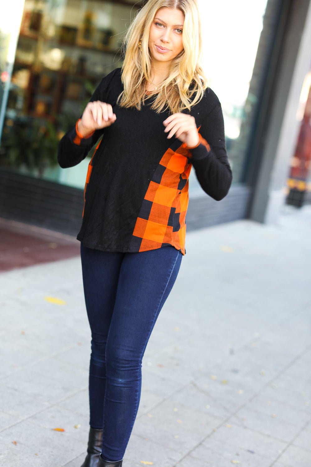 Looking Festive Black & Rust Plaid Hacci Knit Hoodie