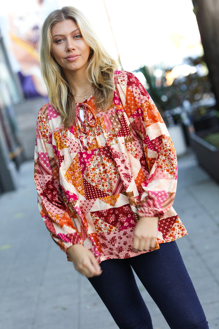 Rust/Magenta Patchwork Print Front Tie Boho Top