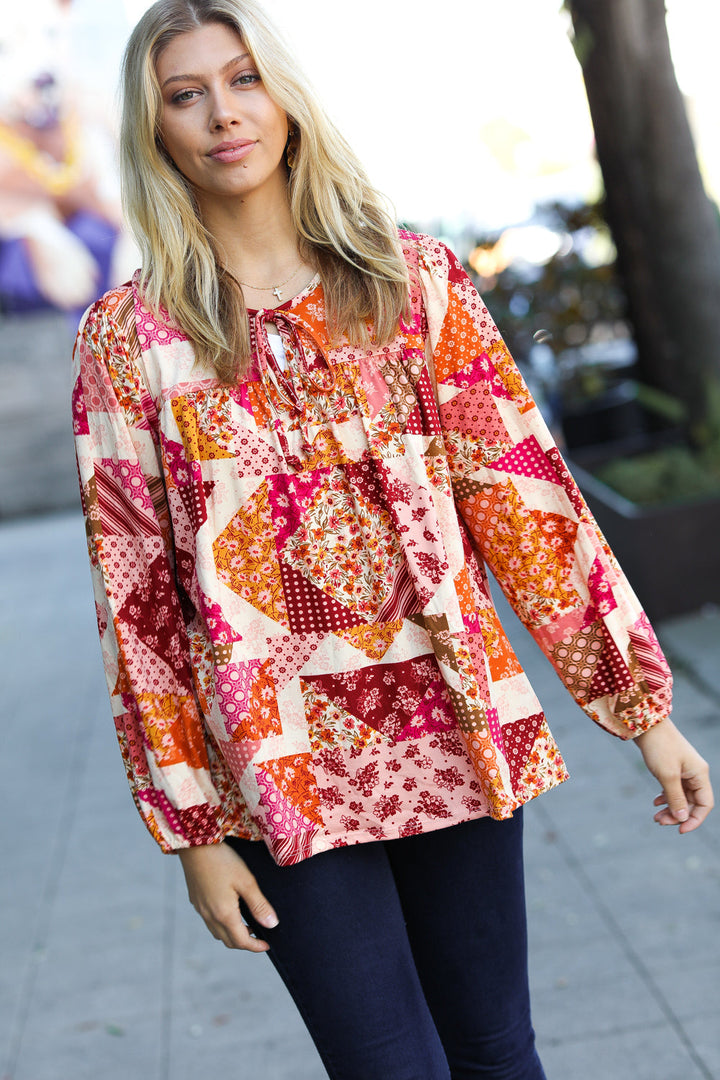 Rust/Magenta Patchwork Print Front Tie Boho Top