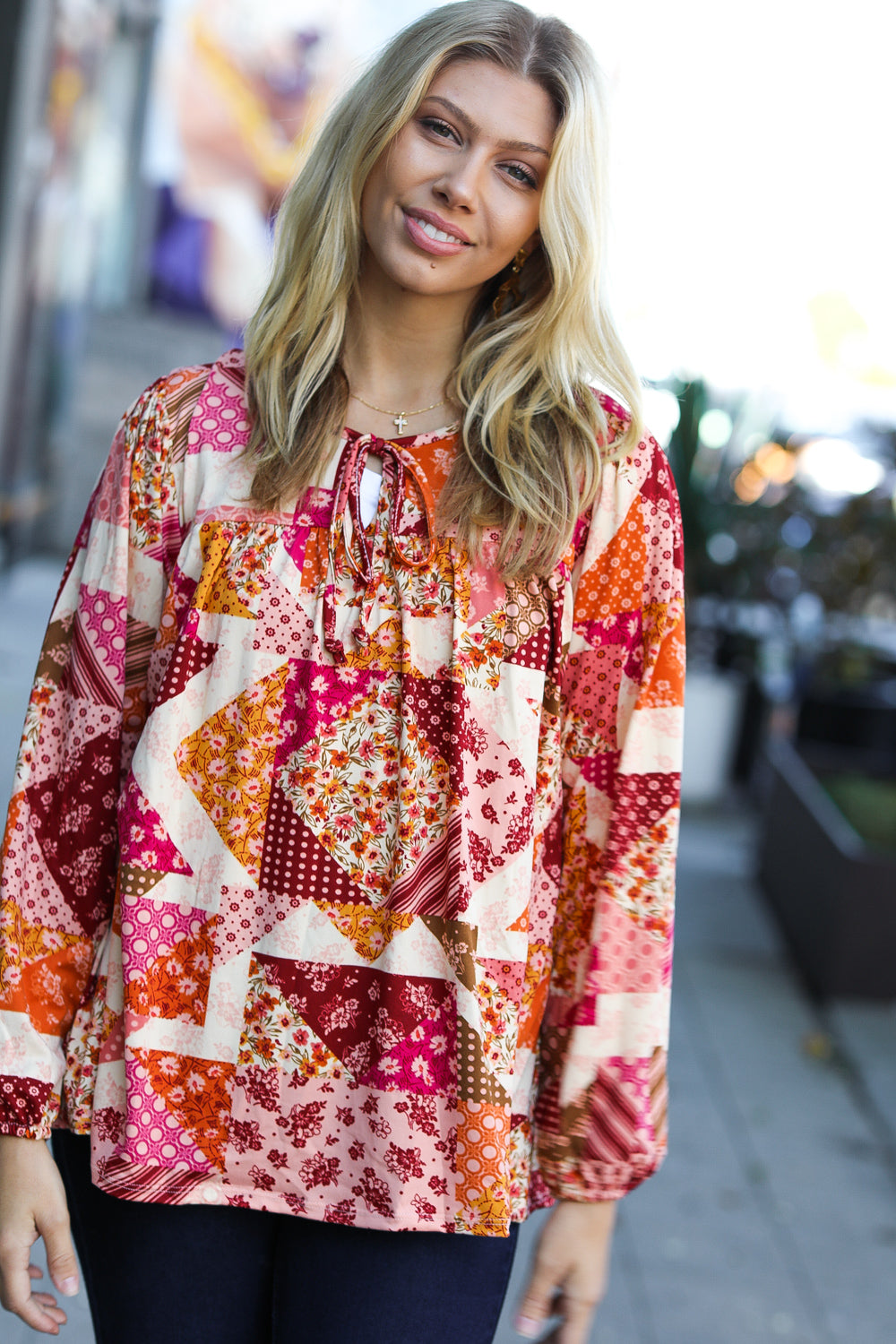 Rust/Magenta Patchwork Print Front Tie Boho Top