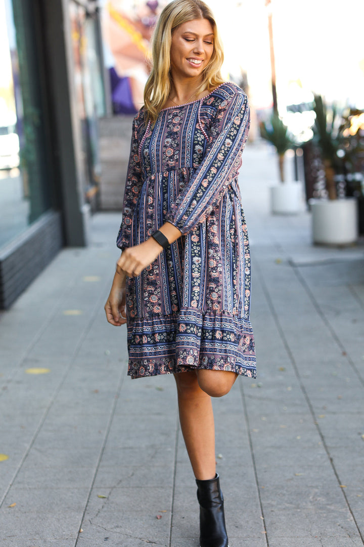 Navy Floral Stripe Babydoll Ruffle Pocketed Dress