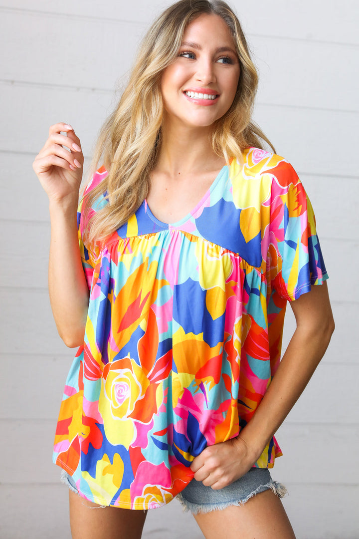 Orange & Yellow Geometric Floral V Neck Dolman Top